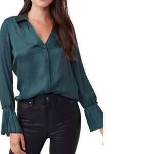 Paige Abriana Long Bell Sleeve Hidden Button Down V Neck Blouse Midnight Cyan